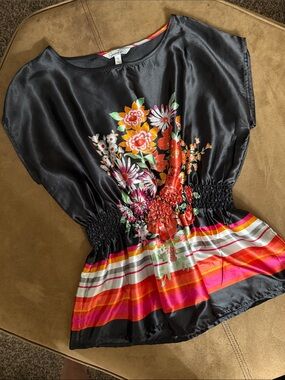 Speechless Black Satin Floral Blouson Top with Multicolor Striped Hem